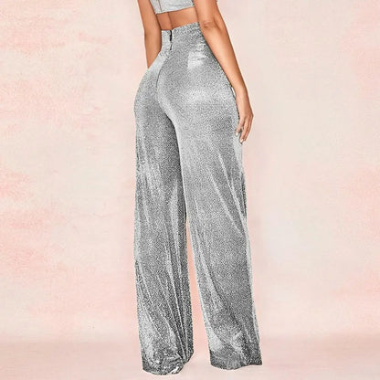 FashionSierra - Waist Elastic Waistband Straight Full Length Club Night Sequins Loose Wide Leg Female Trouser