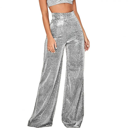 FashionSierra - Waist Elastic Waistband Straight Full Length Club Night Sequins Loose Wide Leg Female Trouser
