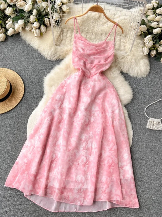Women Pink Beach Dress Summer Sleeveless Hollow Out High Waist A-line Floral Printing Chiffon Dresses Ladies Casual Long Robe