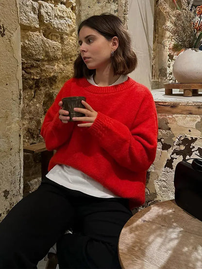 Women Red Loose Knitted Sweater Fashion Crew Neck Long Sleeve Sweater