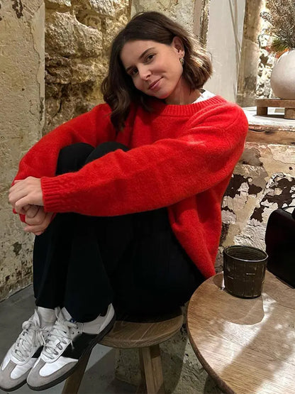 Women Red Loose Knitted Sweater Fashion Crew Neck Long Sleeve Sweater