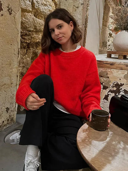 Women Red Loose Knitted Sweater Fashion Crew Neck Long Sleeve Sweater