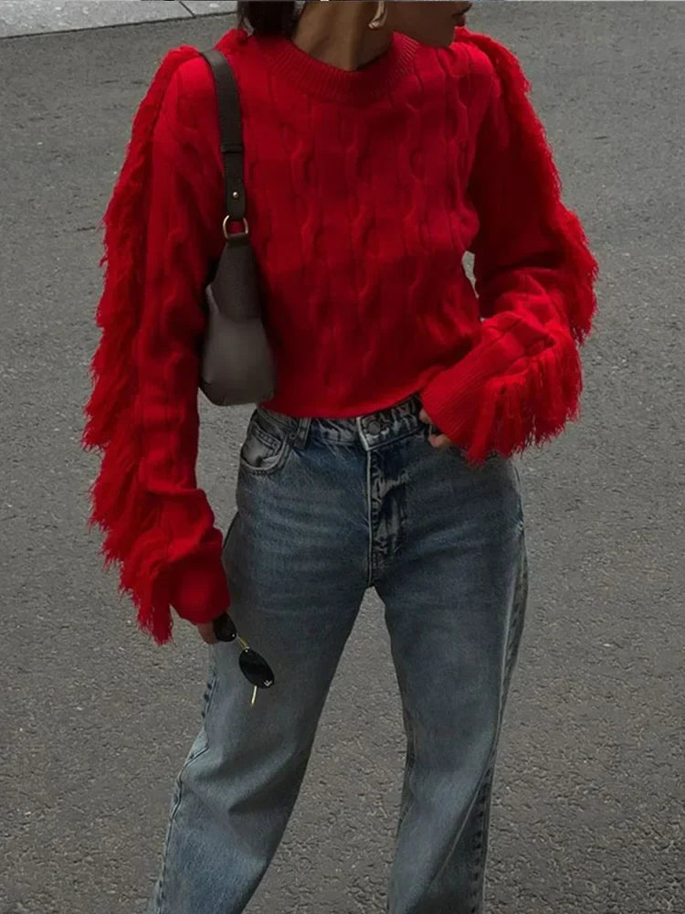 Women Red Tassels Patchwork Elegant O Neck Long Sleeves Loose Short Chic Ladies Sweater