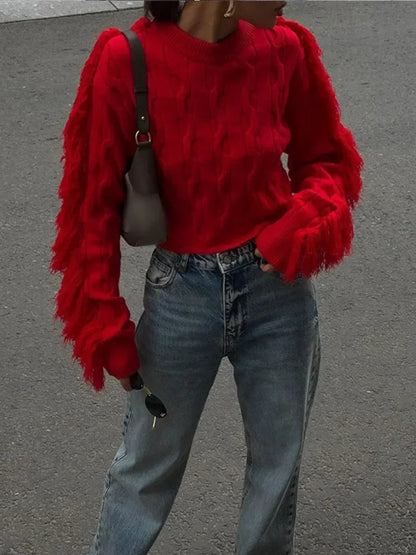 Women Red Tassels Patchwork Elegant O Neck Long Sleeves Loose Short Chic Ladies Sweater