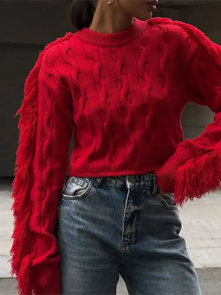 Women Red Tassels Patchwork Elegant O Neck Long Sleeves Loose Short Chic Ladies Sweater