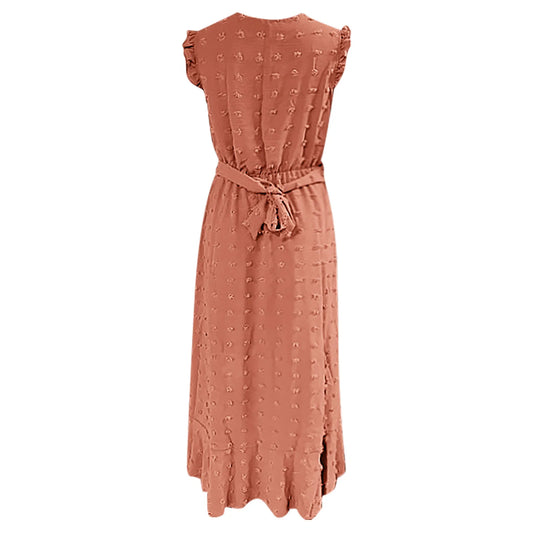 Women's Clothing Free Shipping Sleeve Wrap V Neck Ruffle Dot Ruffle Slit Flowy Boho Dress