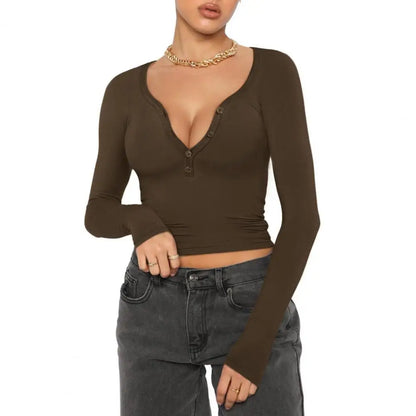 Women V Neck Long Sleeve Slim Button Neckline Crop Top