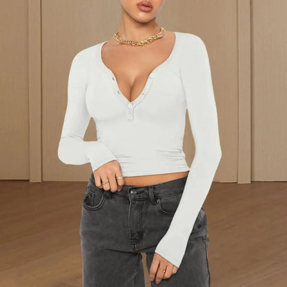 Women V Neck Long Sleeve Slim Button Neckline Crop Top