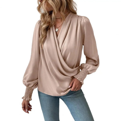 Women Color Top Silky Texture Lantern Sleeve Elegant V-neck Blouse