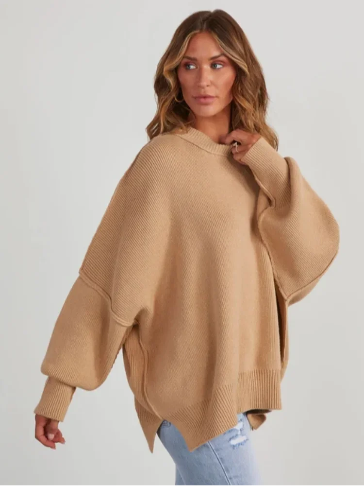 Women Solid Knitted Side Split Loose Pullover Fashion O Neck Long Sleeve Warm Sweater