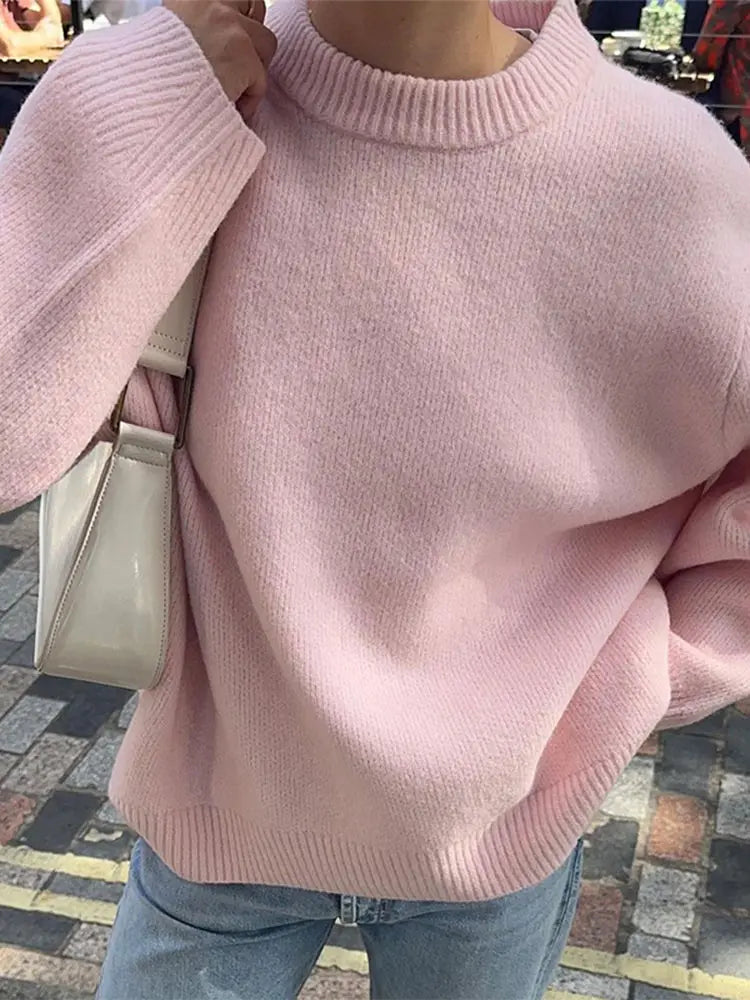 Women Solid Knitting Loose O-neck Long Sleeve Soft Elegant Basic Autumn Warm Sweater