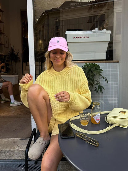 Women Solid Round Neck Knitted Shorts Suit Elegant Long Lantern Sleeve Sweater