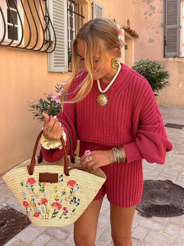Women Solid Round Neck Knitted Shorts Suit Elegant Long Lantern Sleeve Sweater