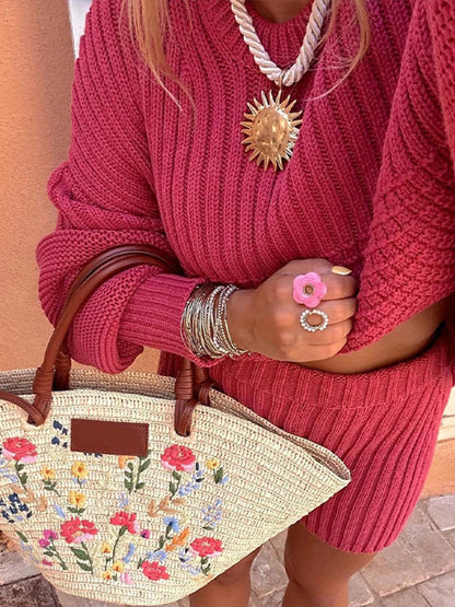 Women Solid Round Neck Knitted Shorts Suit Elegant Long Lantern Sleeve Sweater