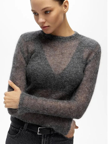 Women Solid Round Neck Thin Elegant Long Sleeve Bodycon Autumn Fashion Commuting Sweater