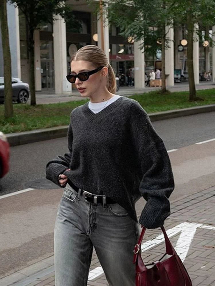 Women Solid V Neck Knitted Loose Pullover Fashion Long Sleeves Thick Sweater