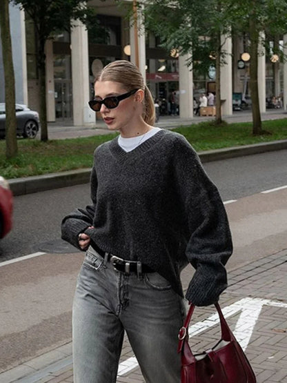 Women Solid V Neck Knitted Loose Pullover Fashion Long Sleeves Thick Sweater