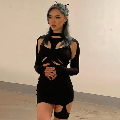 New Solid Black Women Stretch Slim Hollow Out Spring Casual High Street Cut Out Dress
