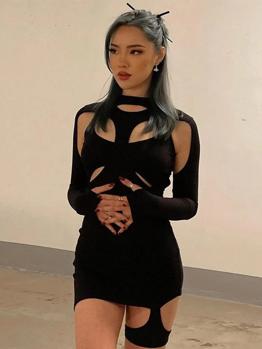 New Solid Black Women Stretch Slim Hollow Out Spring Casual High Street Cut Out Dress
