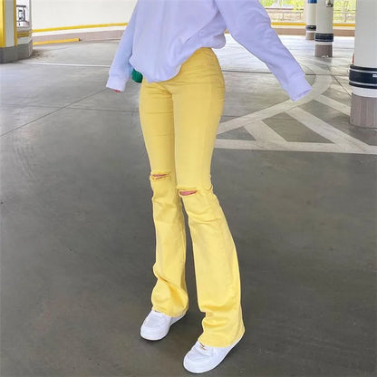 FashionSierra - Women Stretch Yellow Ripped Hips Strap Bell Bottom Trouser