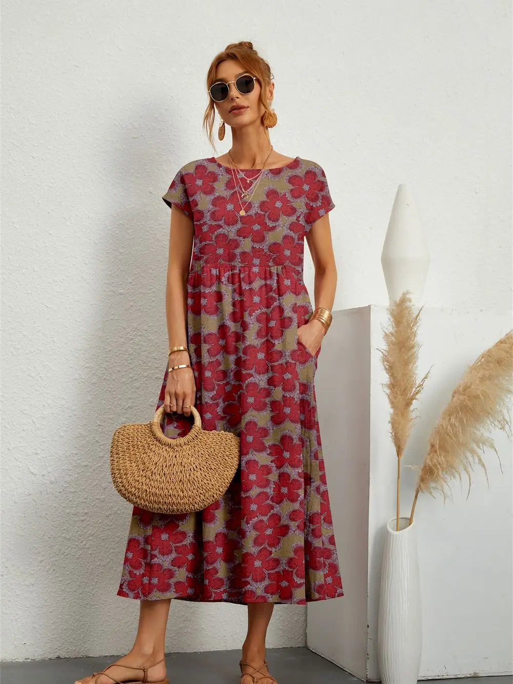 Women Summer Fashion Style Short Sleeve Print O-neck Fold with Pockets Midi Dress