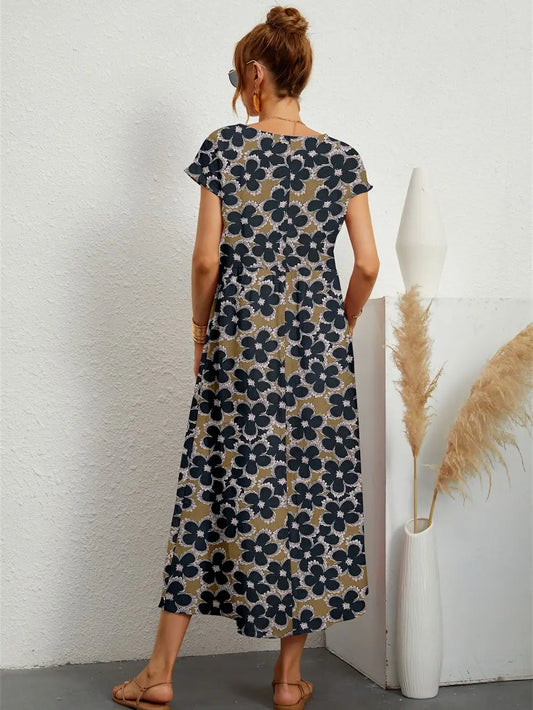 Women Summer Fashion Style Short Sleeve Print O-neck Fold with Pockets Midi Dress