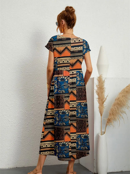 Women Summer Fashion Style Short Sleeve Print O-neck Fold with Pockets Midi Dress