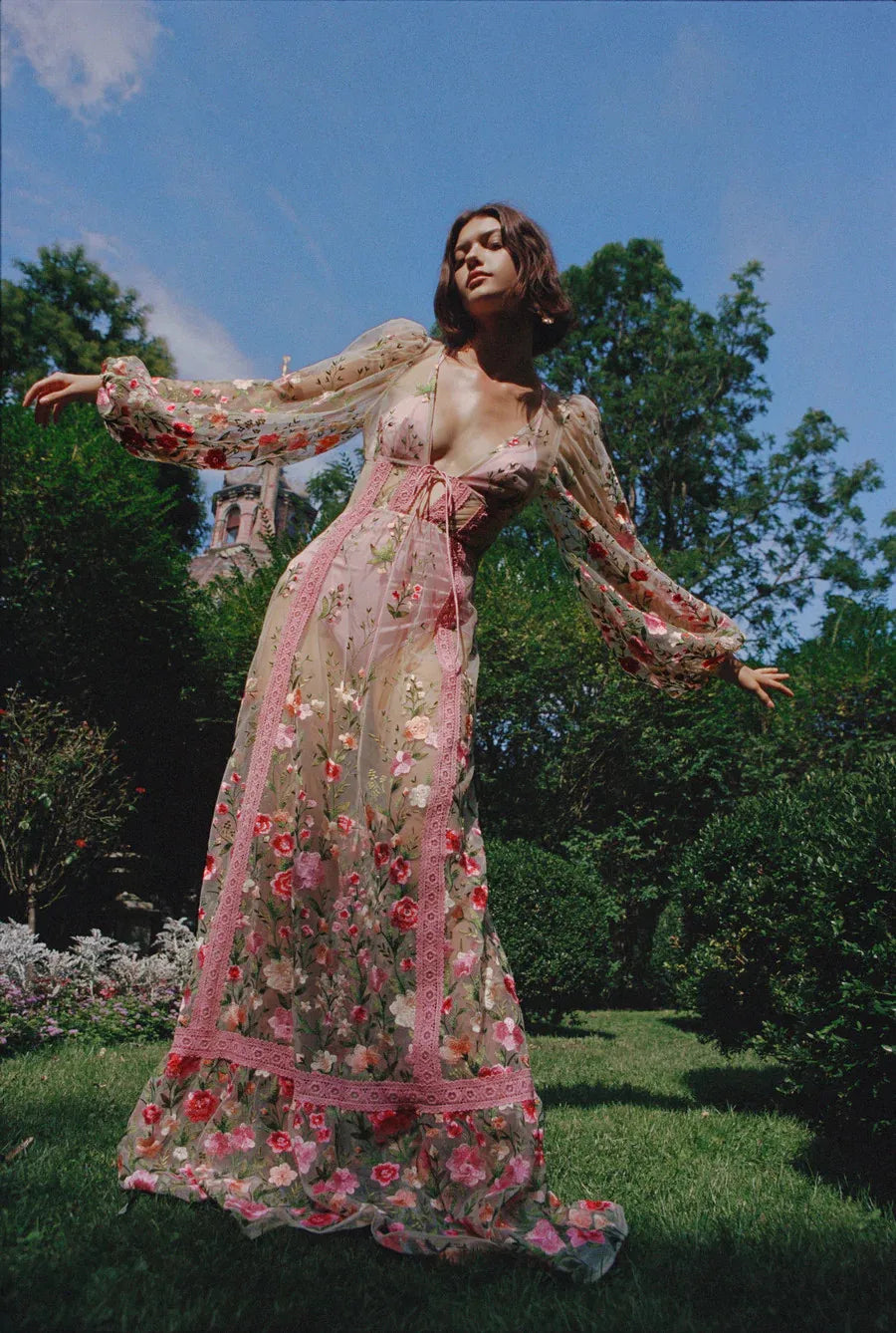 DressBetty - 2024 Women Backless See-through V-Neck Long Sleeve Floral Dress