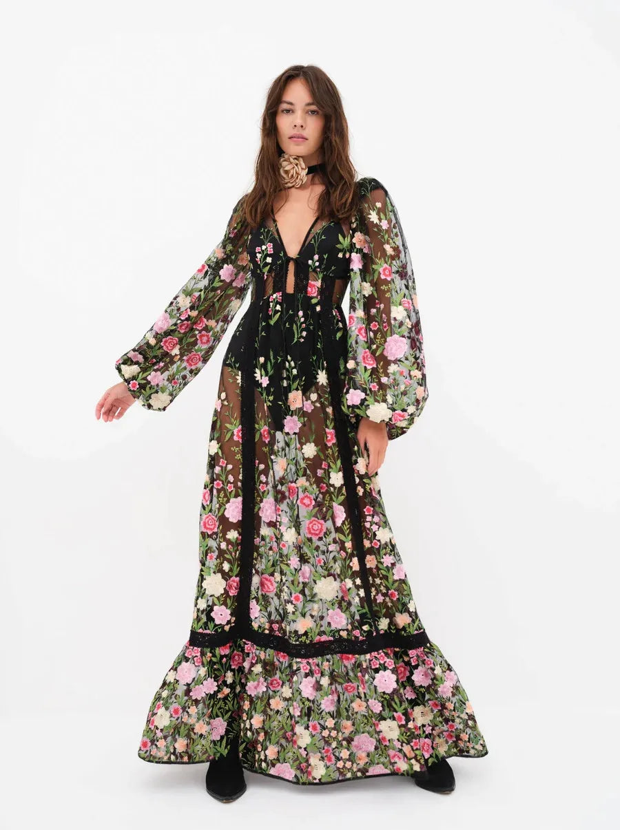 DressBetty - 2024 Women Backless See-through V-Neck Long Sleeve Floral Dress