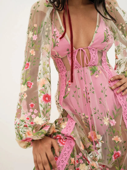 DressBetty - 2024 Women Backless See-through V-Neck Long Sleeve Floral Dress