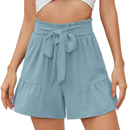 Women Summer High Waist Bow-knot Lace Up Loose Elastic Waist Patchwork Above Knee Length Female Pants Short