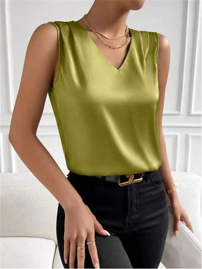 FashionSierra - Summer Casual Color Sleeveless V-Neck Satin Fabric Blouse