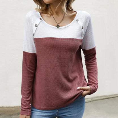 Women T-shirt Button Decoration Long Sleeve Knit Round Neck Blouse