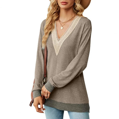 Women V Neck Patchwork Color Matching Hollow Out Mid Length Blouse