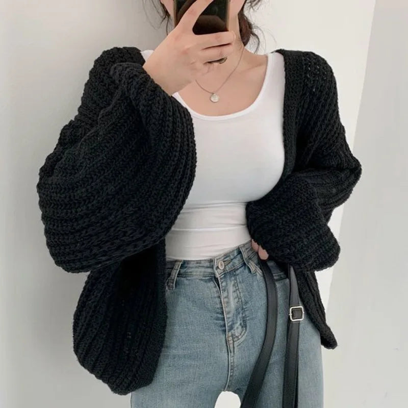 V-Neck Oversized Casual Solid Long Sleeve Lazy Elegant Holiday Y2K Streetwear Cardigan
