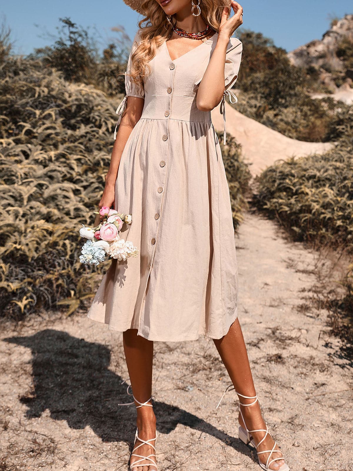 DressBetty - Women Vintage Holiday V Neck Buttons High Waist A-Line Casual Dress