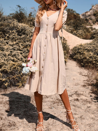 DressBetty - Women Vintage Holiday V Neck Buttons High Waist A-Line Casual Dress