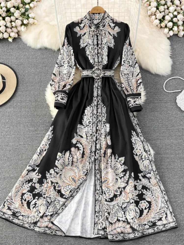 Women Vintage Long Dress Fashion Print A-line Ruffled Elegant Floral Party Dresses Ladies Long Sleeve Casual Long Robe Vestidos