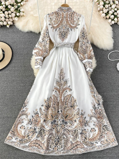Women Vintage Long Dress Fashion Print A-line Ruffled Elegant Floral Party Dresses Ladies Long Sleeve Casual Long Robe Vestidos