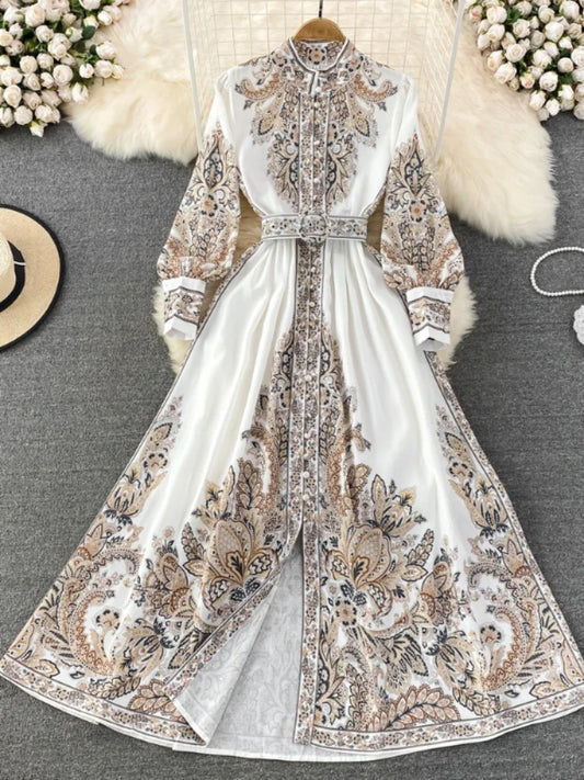 Women Vintage Long Dress Fashion Print A-line Ruffled Elegant Floral Party Dresses Ladies Long Sleeve Casual Long Robe Vestidos