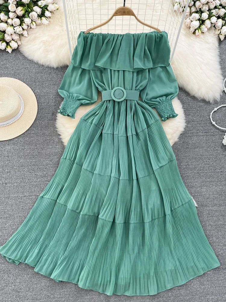 Women Vintage Off Shoulder Dress Chiffon Summer Sweet Lotus Leaf Edge Elegant Pleated Dresses Ladies Evening Party Long Dress