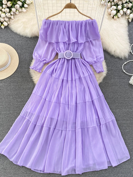 Women Vintage Off Shoulder Dress Chiffon Summer Sweet Lotus Leaf Edge Elegant Pleated Dresses Ladies Evening Party Long Dress