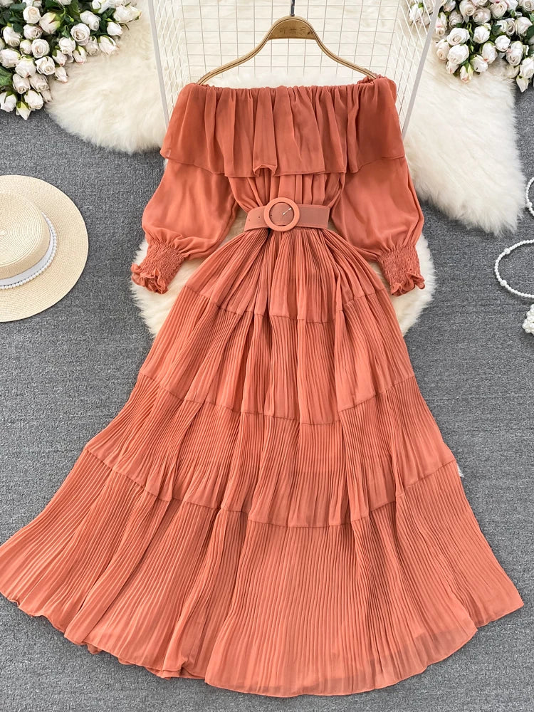 Women Vintage Off Shoulder Dress Chiffon Summer Sweet Lotus Leaf Edge Elegant Pleated Dresses Ladies Evening Party Long Dress