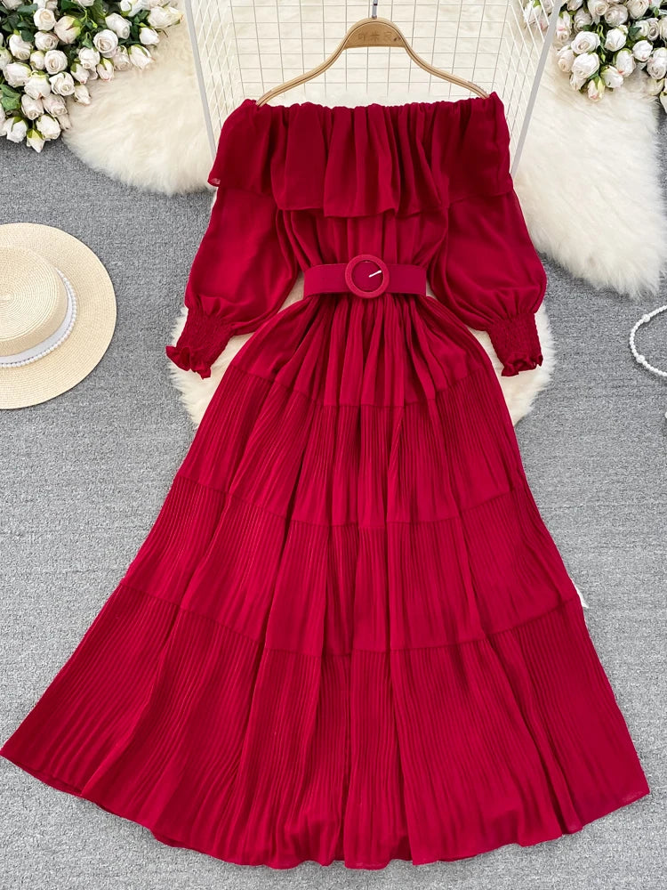 Women Vintage Off Shoulder Dress Chiffon Summer Sweet Lotus Leaf Edge Elegant Pleated Dresses Ladies Evening Party Long Dress