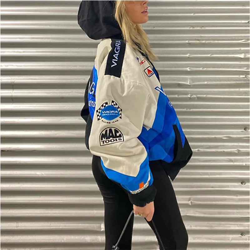 Women Fashion Spring Sports 2025 Wind Blue Print Loose Windbreaker Jacket Trench Vintage Coat