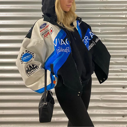 Women Fashion Spring Sports 2025 Wind Blue Print Loose Windbreaker Jacket Trench Vintage Coat