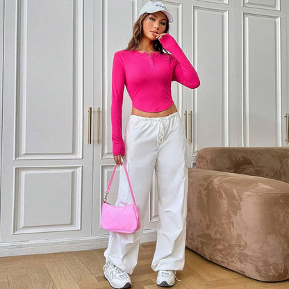 Button-down Shoulder Ultra Short Long Sleeve New 2025 Women's T-shirt