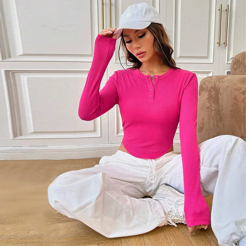 Button-down Shoulder Ultra Short Long Sleeve New 2025 Women's T-shirt