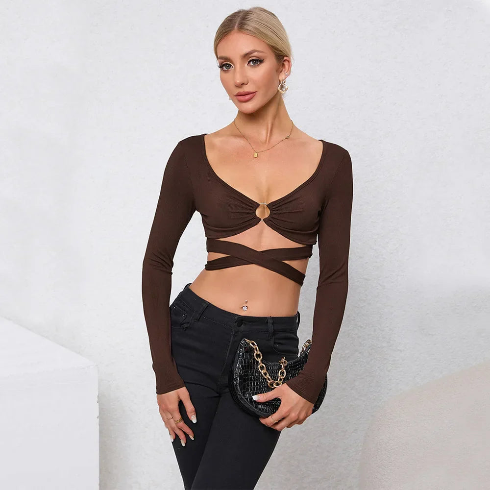 Hollow Slim Autumn and Winter New Long-sleeved Ultra-short Women's Top T-shirt