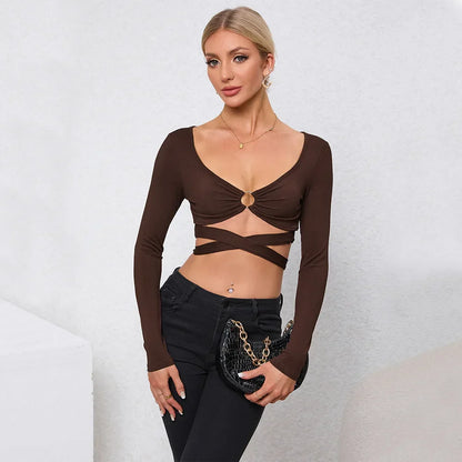Hollow Slim Autumn and Winter New Long-sleeved Ultra-short Women's Top T-shirt